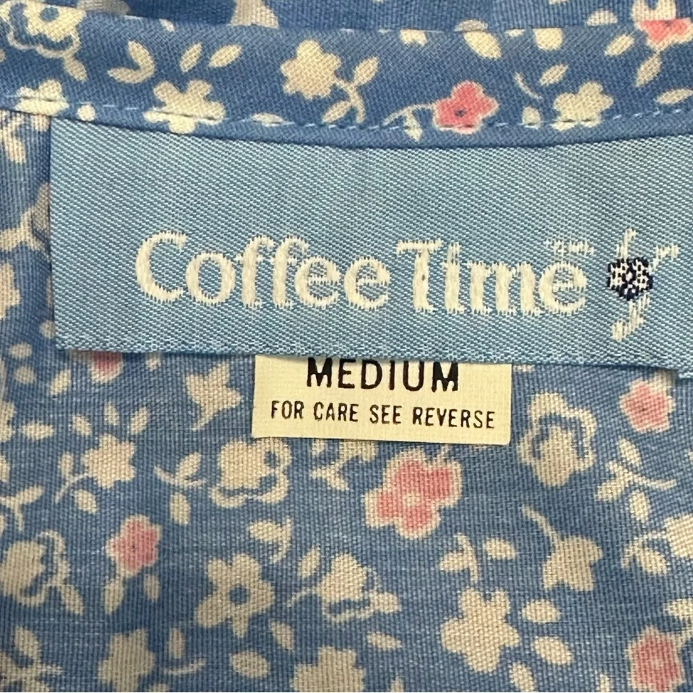 Vintage Coffee Time nightgown House Dress Blue Floral‎ Lace Pockets Medium